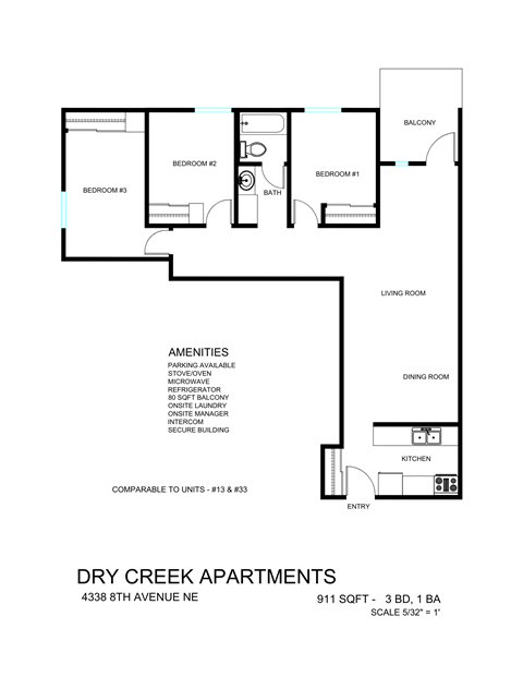 Floor plan for 3 beds, 1 bath, 911 sqft